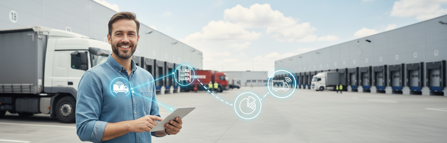 Banner com temática de tecnologia e logística